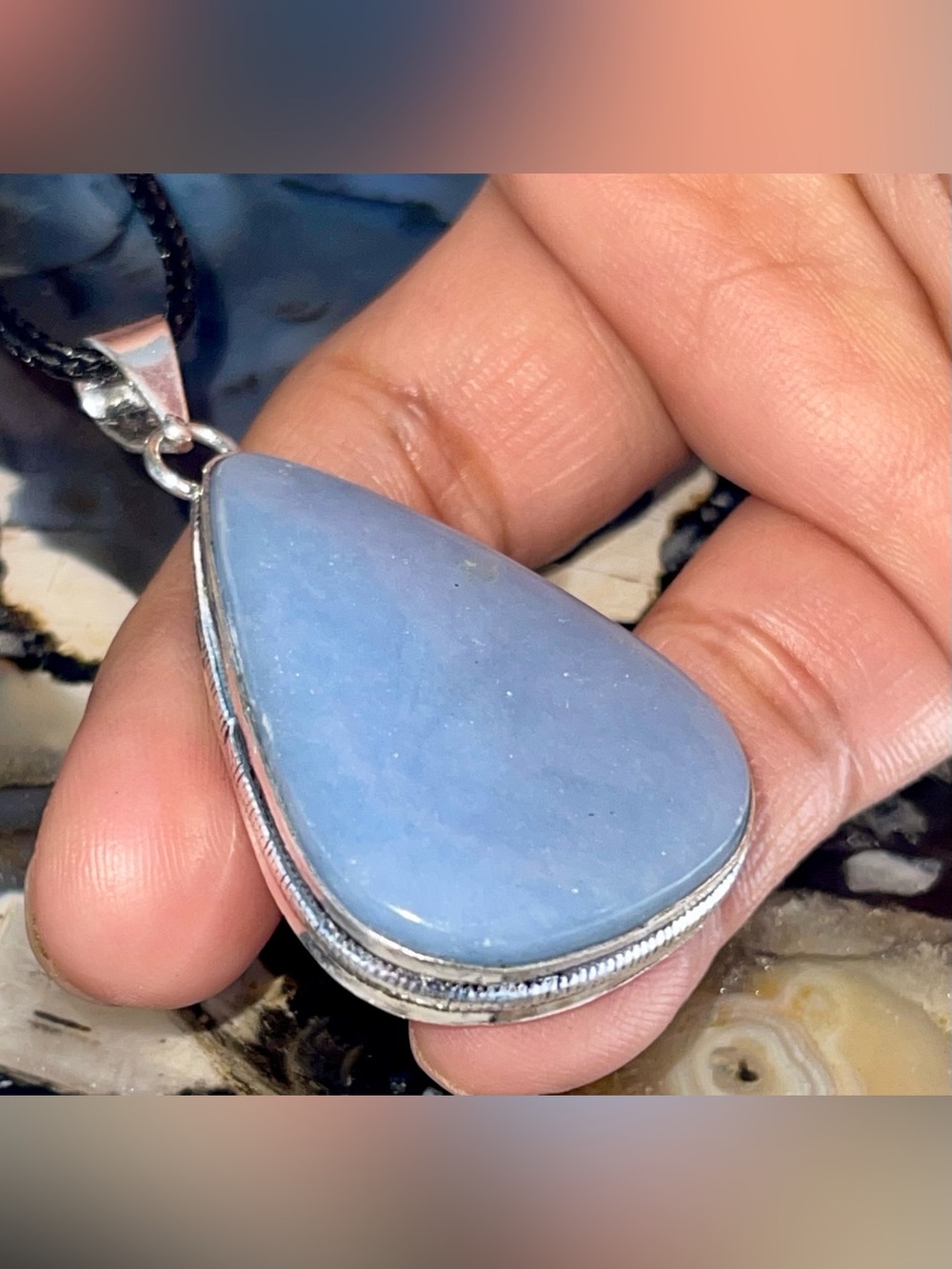 Teardrop Blue Anhydrite Angelite Pendant 2”